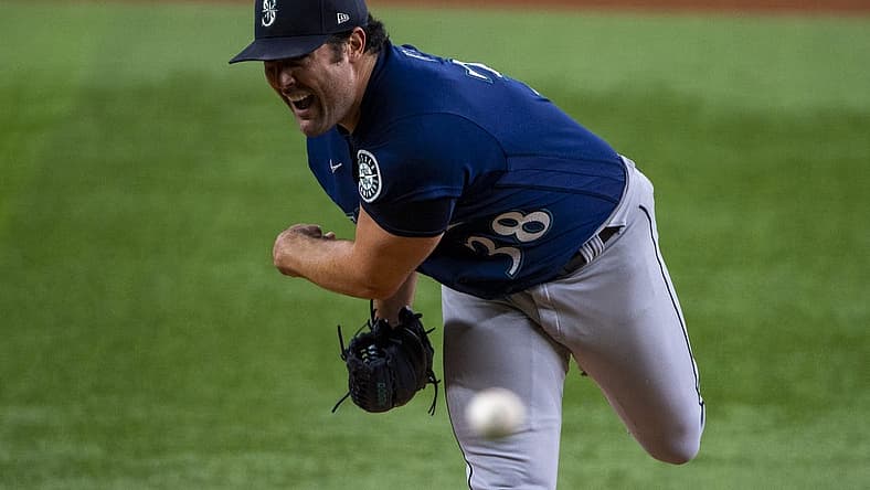 Jul 15, 2022; Arlington, Texas, USA; Seattle Mariners starting pitcher Robbie Ray (38) pitches against the Texas Rangers during the first inning at Globe Life Field. Mandatory Credit: Jerome Miron-USA TODAY Sports