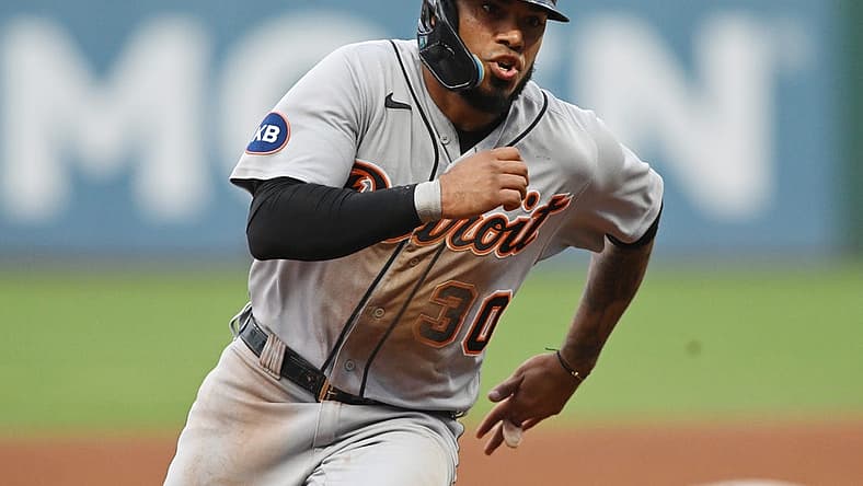 Jul 15, 2022; Cleveland, Ohio, USA; Detroit Tigers first baseman Harold Castro (30) rounds third base en route to scoring during the fourth inning against the Cleveland Guardians at Progressive Field. Mandatory Credit: Ken Blaze-USA TODAY Sports
