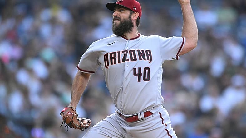 Jul 15, 2022; San Diego, California, USA; Arizona Diamondbacks starting pitcher Madison Bumgarner (40) throws a pitch against the San Diego Padres during the first inning at Petco Park. Mandatory Credit: Orlando Ramirez-USA TODAY Sports