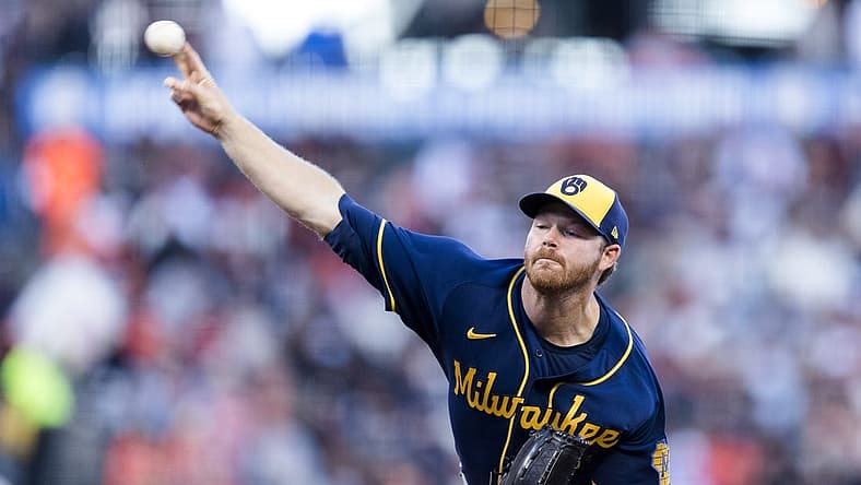 Jul 15, 2022; San Francisco, California, USA; Milwaukee Brewers starting pitcher Brandon Woodruff (53) throws against the San Francisco Giants during the first inning at Oracle Park. Mandatory Credit: John Hefti-USA TODAY Sports