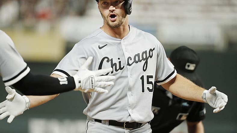 Jul 15, 2022; Minneapolis, Minnesota, USA; Chicago White Sox center fielder Adam Engel (15) celebrates his three-run home run against the Minnesota Twins in the seventh inning at Target Field. Mandatory Credit: Bruce Kluckhohn-USA TODAY Sports