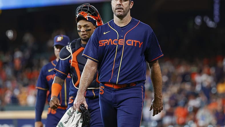 Jul 16, 2022; Houston, Texas, USA; Houston Astros starting pitcher Justin Verlander (35) and catcher Martin Maldonado (15) walk to the dugout before the game against the Oakland Athletics at Minute Maid Park. Mandatory Credit: Troy Taormina-USA TODAY Sports