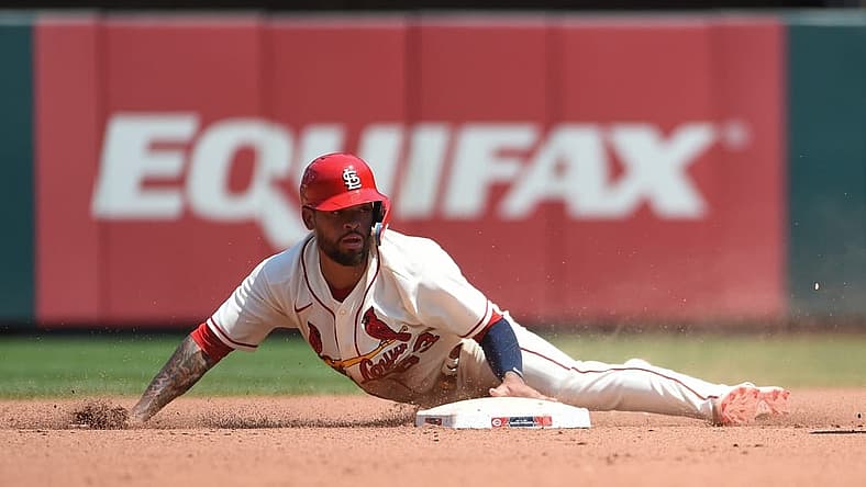 Jul 16, 2022; St. Louis, Missouri, USA; St. Louis Cardinals shortstop Edmundo Sosa (63) safely steals second base against the Cincinnati Reds in the fourth inning at Busch Stadium. Mandatory Credit: Joe Puetz-USA TODAY Sports
