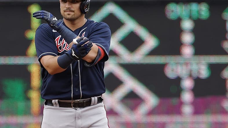Jul 16, 2022; Washington, District of Columbia, USA; Atlanta Braves third baseman Austin Riley (27) gestures towards his dugout after hitting a double against the Washington Nationals during the first inning at Nationals Park. Mandatory Credit: Geoff Burke-USA TODAY Sports