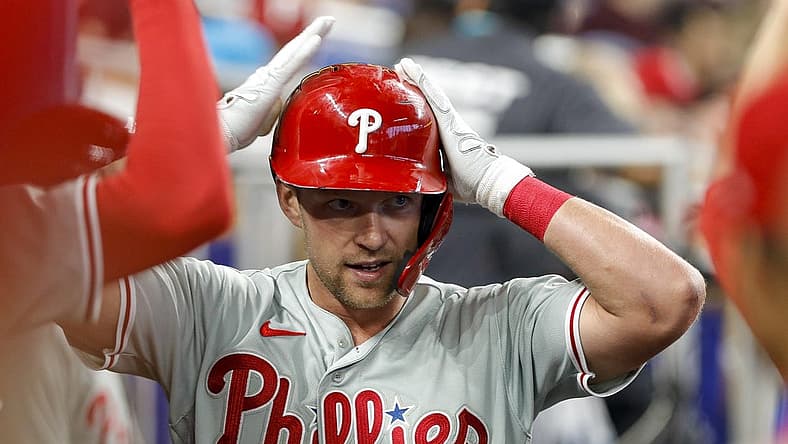 Jul 16, 2022; Miami, Florida, USA; Philadelphia Phillies first baseman Rhys Hoskins (17) celebrates after hitting a home run in the sixth inning against the Miami Marlins at loanDepot Park. Mandatory Credit: Sam Navarro-USA TODAY Sports