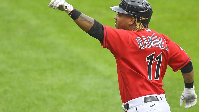 Jul 16, 2022; Cleveland, Ohio, USA; Cleveland Guardians third baseman Jose Ramirez (11) celebrates his three-run home run in the first inning against the Detroit Tigers at Progressive Field. Mandatory Credit: David Richard-USA TODAY Sports