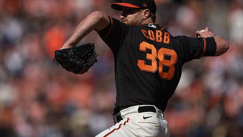 Jul 16, 2022; San Francisco, California, USA; San Francisco Giants starting pitcher Alex Cobb (38) pitches during the first inning against the Milwaukee Brewers at Oracle Park. Mandatory Credit: Stan Szeto-USA TODAY Sports