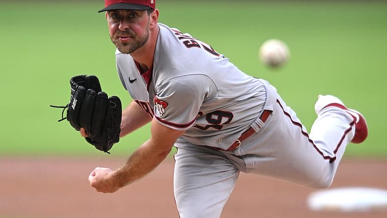 Jul 16, 2022; San Diego, California, USA; Arizona Diamondbacks starting pitcher Tyler Gilbert (49) throws a pitch against the San Diego Padres during the first inning at Petco Park. Mandatory Credit: Orlando Ramirez-USA TODAY Sports