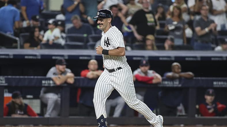 Jul 16, 2022; Bronx, New York, USA; New York Yankees right fielder Matt Carpenter (24) approaches home plate after hitting his second three run home run of the game in the fifth inning against the Boston Red Sox at Yankee Stadium. Mandatory Credit: Wendell Cruz-USA TODAY Sports