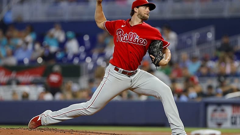 Jul 17, 2022; Miami, Florida, USA; Philadelphia Phillies starting pitcher Aaron Nola (27) delivers a pitch during the first inning against the Miami Marlins at loanDepot Park. Mandatory Credit: Sam Navarro-USA TODAY Sports
