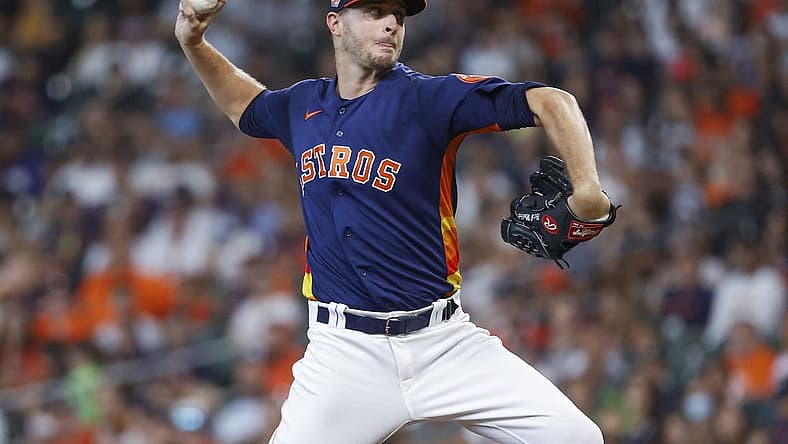 Jul 17, 2022; Houston, Texas, USA; Houston Astros starting pitcher Jake Odorizzi (17) delivers a pitch during the first inning against the Oakland Athletics at Minute Maid Park. Mandatory Credit: Troy Taormina-USA TODAY Sports