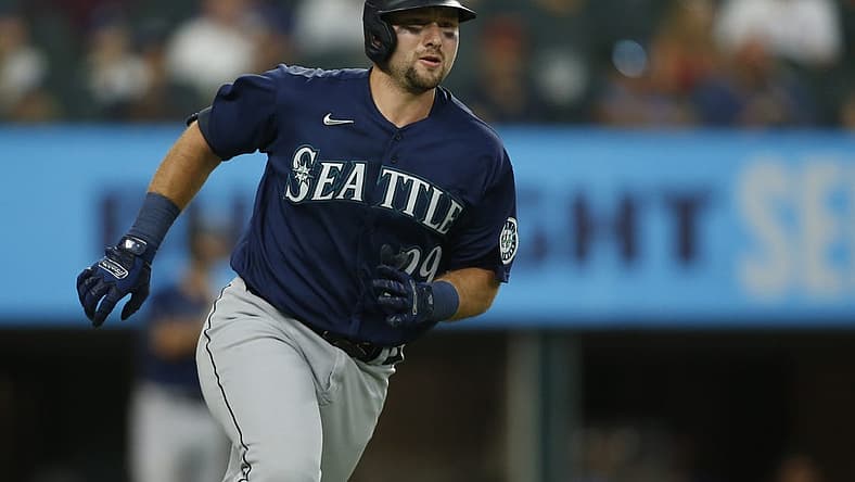 Jul 17, 2022; Arlington, Texas, USA; Seattle Mariners catcher Cal Raleigh (29) rounds the bases after hitting a two-run home run in the fourth inning against the Texas Rangers at Globe Life Field. Mandatory Credit: Tim Heitman-USA TODAY Sports