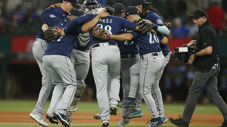 Jul 17, 2022; Arlington, Texas, USA; Seattle Mariners players celebrate after winning the game against the Texas Rangers at Globe Life Field. Mandatory Credit: Tim Heitman-USA TODAY Sports