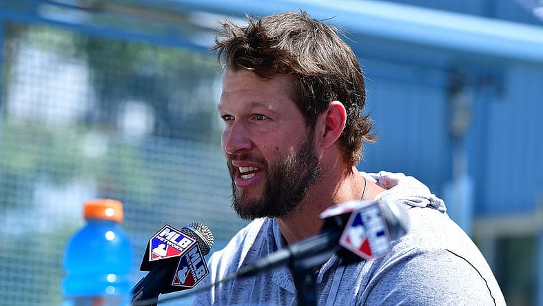 Jul 18, 2022; Los Angeles, CA, USA; Los Angeles Dodgers pitcher Clayton Kershaw speaks during media availabilities at Dodger Stadium. Mandatory Credit: Gary A. Vasquez-USA TODAY Sports