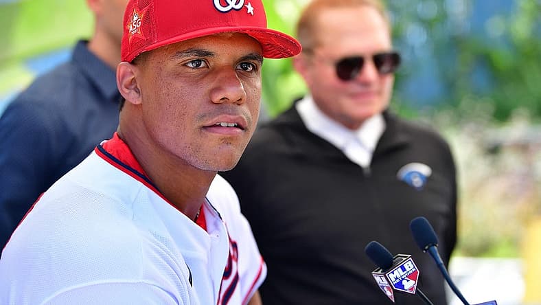 Jul 18, 2022; Los Angeles, CA, USA; Washington Nationals right fielder Juan Soto (22) with agent Scott Boras in attendance during media availabilities at Dodger Stadium. Mandatory Credit: Gary A. Vasquez-USA TODAY Sports