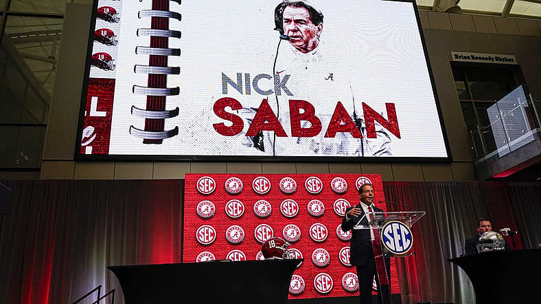 Jul 19, 2022; Atlanta, GA, USA; Alabama head coach Nick Saban talks to the media during SEC Media Days at the College Football Hall of Fame. Mandatory Credit: Dale Zanine-USA TODAY Sports