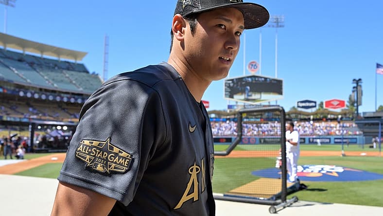Jul 19, 2022; Los Angeles, California, USA; American League pitcher/designated hitter Shohei Ohtani (17) of the Los Angeles Angels finishes batting practice before the 2022 All Star game at Dodger Stadium. Mandatory Credit: Jayne Kamin-Oncea-USA TODAY Sports