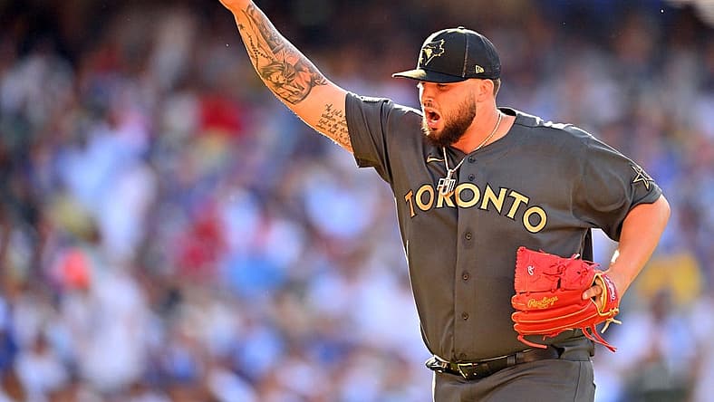 Jul 19, 2022; Los Angeles, California, USA; American League pitcher Alek Manoah (6) of the Toronto Blue Jays reacts after his third strike out against the National League to end the second inning of the 2022 MLB All Star Game at Dodger Stadium. Mandatory Credit: Jayne Kamin-Oncea-USA TODAY Sports