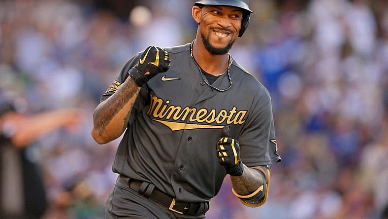 Jul 19, 2022; Los Angeles, California, USA; American League outfielder Byron Buxton (25) of the Minnesota Twins reacts after hitting a home run against the National League during the fourth inning of the 2022 MLB All Star Game at Dodger Stadium. Mandatory Credit: Jayne Kamin-Oncea-USA TODAY Sports