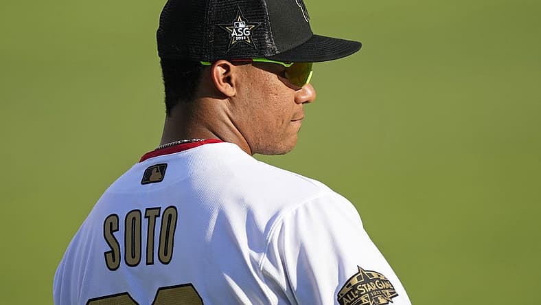 Jul 19, 2022; Los Angeles, California, USA; National League outfielder Juan Soto (22) of the Washington Nationals walks in the outfield during the fourth inning of the 2022 MLB All Star Game at Dodger Stadium. Mandatory Credit: Robert Hanashiro-USA TODAY Sports