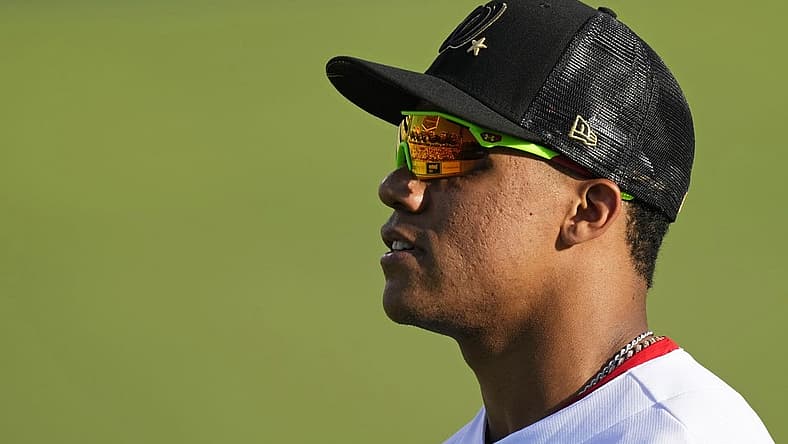 Jul 19, 2022; Los Angeles, California, USA; National League outfielder Juan Soto (22) of the Washington Nationals looks at fans in the outfield during the fourth inning of the 2022 MLB All Star Game at Dodger Stadium. Mandatory Credit: Robert Hanashiro-USA TODAY Sports