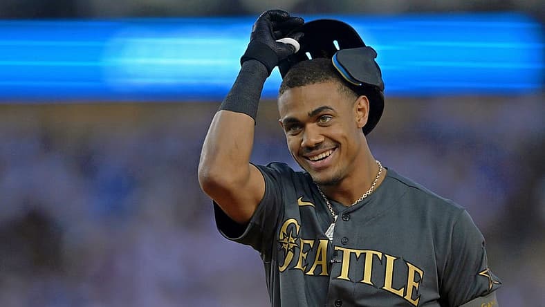 Jul 19, 2022; Los Angeles, California, USA; American League outfielder Julio Rodriguez (44) of the Seattle Mariners reacts after flying out against the National League during the eighth inning of the 2022 MLB All Star Game at Dodger Stadium. Mandatory Credit: Jayne Kamin-Oncea-USA TODAY Sports