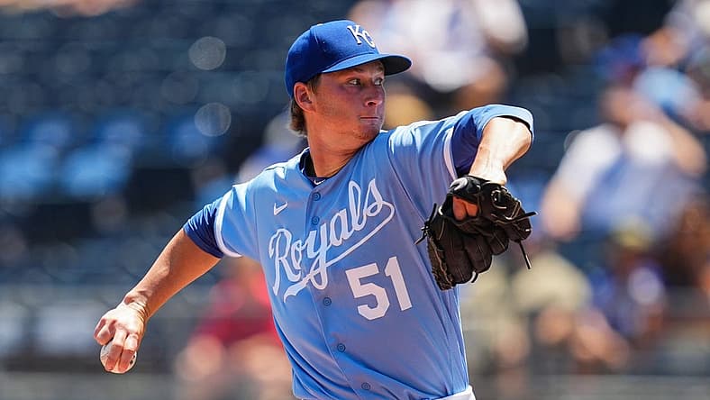 Jul 13, 2022; Kansas City, Missouri, USA; Kansas City Royals starting pitcher Brady Singer (51) pitches against the Detroit Tigers during the first inning at Kauffman Stadium. Mandatory Credit: Jay Biggerstaff-USA TODAY Sports