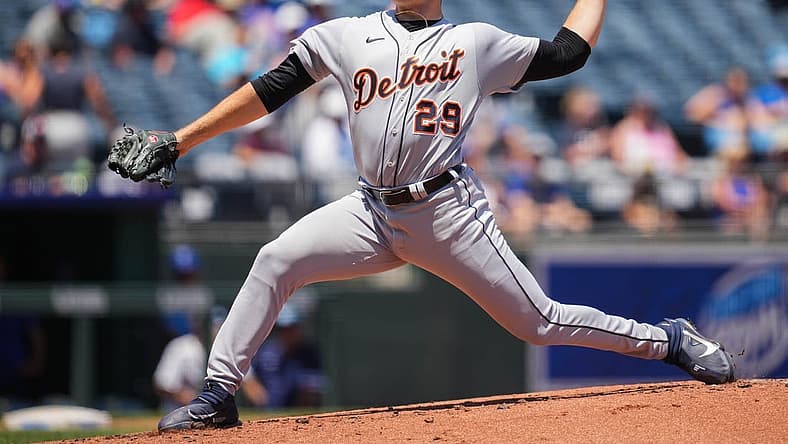 Jul 13, 2022; Kansas City, Missouri, USA; Detroit Tigers starting pitcher Tarik Skubal (29) pitches against the Kansas City Royals during the first inning at Kauffman Stadium. Mandatory Credit: Jay Biggerstaff-USA TODAY Sports