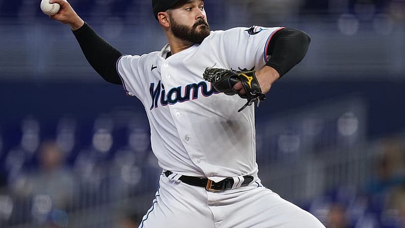 Jul 21, 2022; Miami, Florida, USA; Miami Marlins starting pitcher Pablo Lopez (49) delivers a pitch in the first inning against the Texas Rangers at loanDepot park. Mandatory Credit: Jasen Vinlove-USA TODAY Sports