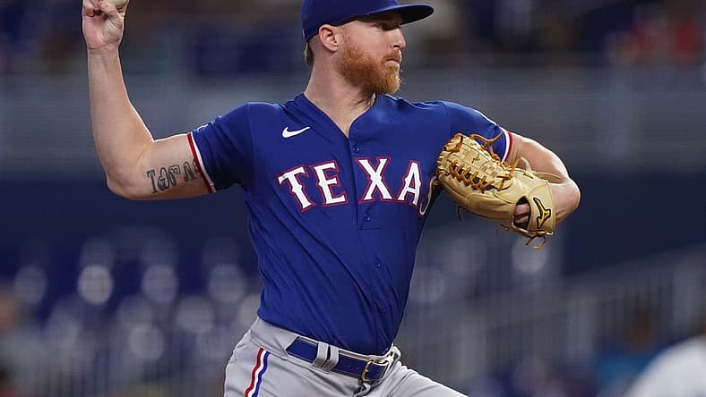 Jul 21, 2022; Miami, Florida, USA; Texas Rangers starting pitcher Jon Gray (22) delivers a pitch in the first inning against the Miami Marlins at loanDepot park. Mandatory Credit: Jasen Vinlove-USA TODAY Sports