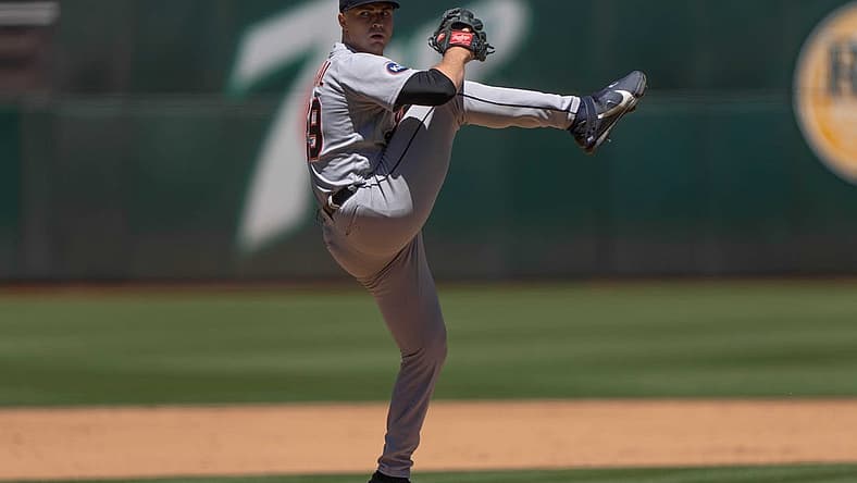 Jul 21, 2022; Oakland, California, USA; Detroit Tigers starting pitcher Tarik Skubal (29) pitches during the fifth inning against the Oakland Athletics at RingCentral Coliseum. Mandatory Credit: Stan Szeto-USA TODAY Sports
