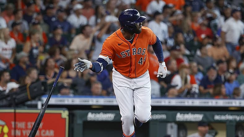 Jul 21, 2022; Houston, Texas, USA; Houston Astros designated hitter Yordan Alvarez (44) hits a home run during the first inning against the New York Yankees at Minute Maid Park. Mandatory Credit: Troy Taormina-USA TODAY Sports