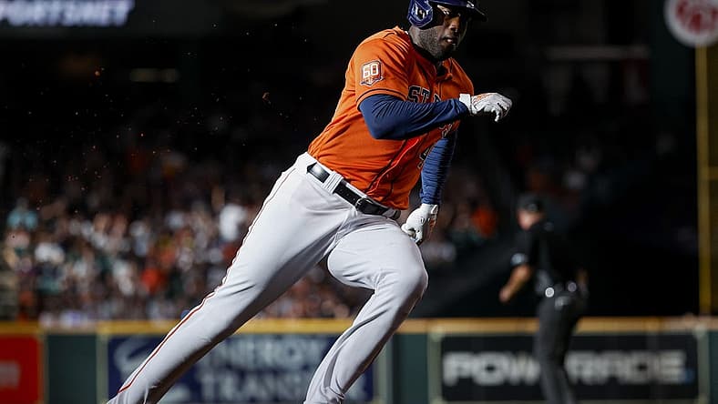 Jul 21, 2022; Houston, Texas, USA; Houston Astros designated hitter Yordan Alvarez (44) rounds third base to score a run on an RBI single by third baseman Alex Bregman (not pictured) during the second inning against the New York Yankees at Minute Maid Park. Mandatory Credit: Troy Taormina-USA TODAY Sports