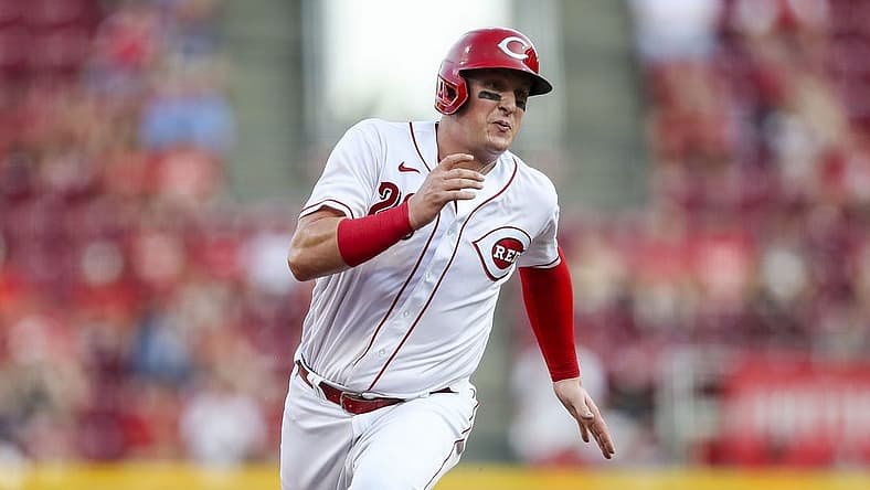 Jul 22, 2022; Cincinnati, Ohio, USA; Cincinnati Reds catcher Michael Papierski (26) runs to third on a double hit by shortstop Kyle Farmer (not pictured) in the second inning against the St. Louis Cardinals at Great American Ball Park. Mandatory Credit: Katie Stratman-USA TODAY Sports