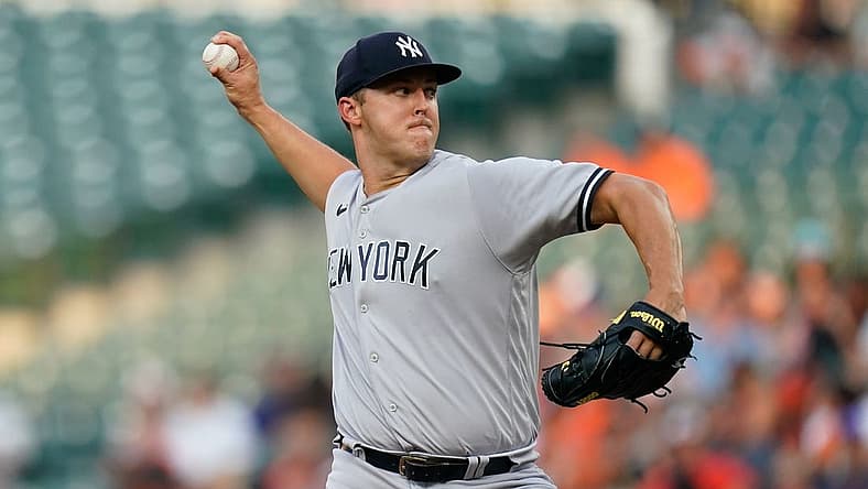 Jul 22, 2022; Baltimore, Maryland, USA; New York Yankees starting pitcher Jameson Taillon (50) throws a first inning pitch against the Baltimore Orioles in the first inning at Oriole Park at Camden Yards. Mandatory Credit: Tommy Gilligan-USA TODAY Sports