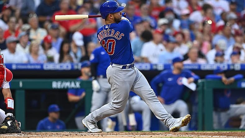 Jul 22, 2022; Philadelphia, Pennsylvania, USA; Chicago Cubs catcher Wilson Conteras (40) hits a home run against the Philadelphia Phillies in the fourth inning at Citizens Bank Park. Mandatory Credit: Kyle Ross-USA TODAY Sports