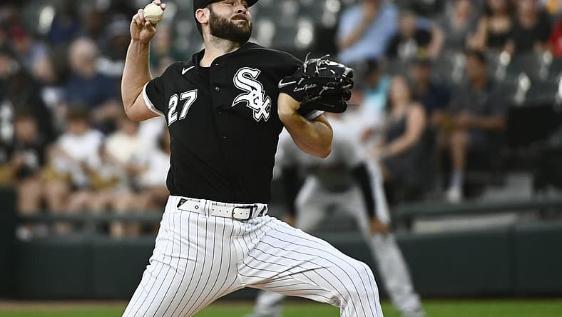 Jul 22, 2022; Chicago, Illinois, USA; Chicago White Sox starting pitcher Lucas Giolito (27) delivers during the first inning against the Cleveland Guardians at Guaranteed Rate Field. Mandatory Credit: Matt Marton-USA TODAY Sports