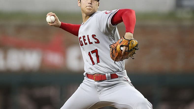 Jul 22, 2022; Atlanta, Georgia, USA; Los Angeles Angels starting pitcher Shohei Ohtani (17) throws against the Atlanta Braves in the second inning at Truist Park. Mandatory Credit: Brett Davis-USA TODAY Sports