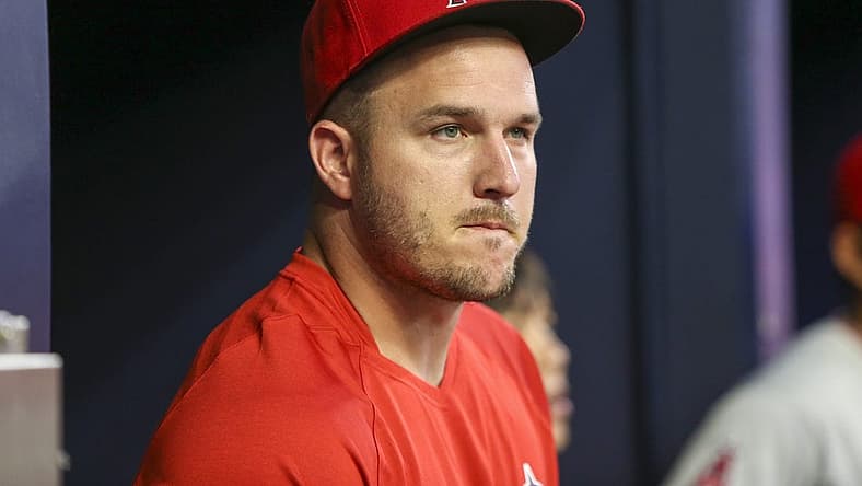 Jul 22, 2022; Atlanta, Georgia, USA; Los Angeles Angels center fielder Mike Trout (27) in the dugout against the Atlanta Braves in the second inning at Truist Park. Mandatory Credit: Brett Davis-USA TODAY Sports