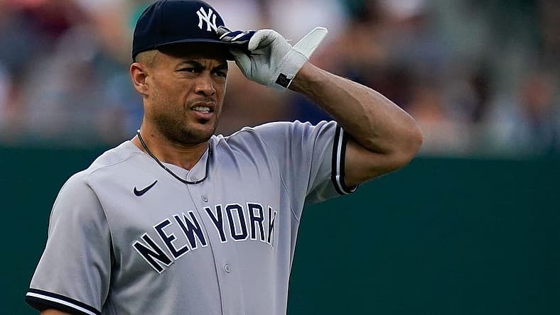 Jul 22, 2022; Baltimore, Maryland, USA; New York Yankees designated hitter Giancarlo Stanton (27) before the game against the Baltimore Orioles at Oriole Park at Camden Yards. Mandatory Credit: Tommy Gilligan-USA TODAY Sports