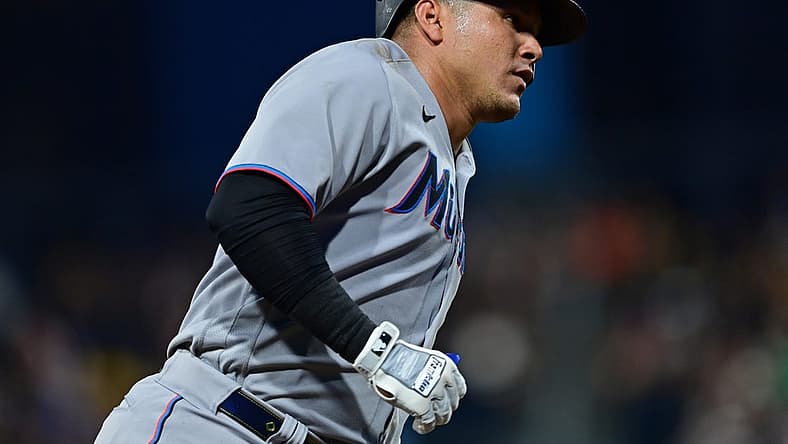 Jul 22, 2022; Pittsburgh, Pennsylvania, USA; Miami Marlins right fielder Avisail Garcia (24) rounds the bases after hitting a home run during the seventh inning against the Pittsburgh Pirates at PNC Park. Mandatory Credit: David Dermer-USA TODAY Sports