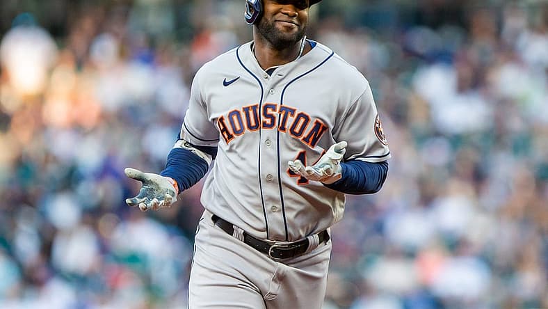 Jul 22, 2022; Seattle, Washington, USA; Houston Astros designated hitter Yordan Alvarez (44) gestures as he rounds the base after hitting a home run against the Seattle Mariners during the fourth inning at T-Mobile Park. Mandatory Credit: Lindsey Wasson-USA TODAY Sports