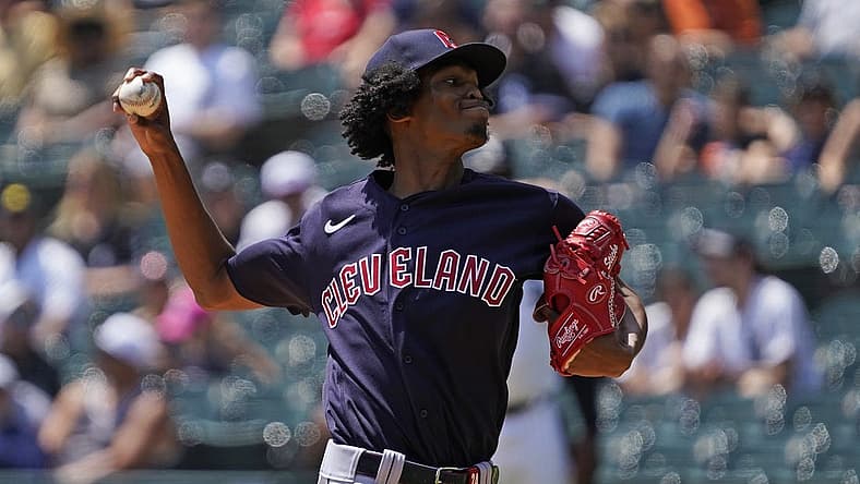 Jul 23, 2022; Chicago, Illinois, USA; Cleveland Guardians starting pitcher Triston McKenzie (24) throws against the Chicago White Sox during the first inning in game one of a doubleheader at Guaranteed Rate Field. Mandatory Credit: David Banks-USA TODAY Sports