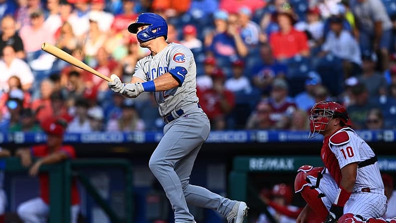 Jul 23, 2022; Philadelphia, Pennsylvania, USA; Chicago Cubs shortstop Nico Hoerner (2) hits a home run against the Philadelphia Phillies in the second inning at Citizens Bank Park. Mandatory Credit: Kyle Ross-USA TODAY Sports