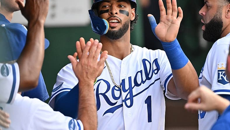 Jul 23, 2022; Kansas City, Missouri, USA;  Kansas City Royals catcher MJ Melendez (1) celebrates in the dugout after scoring a run during the third inning against the Tampa Bay Rays at Kauffman Stadium. Mandatory Credit: Peter Aiken-USA TODAY Sports