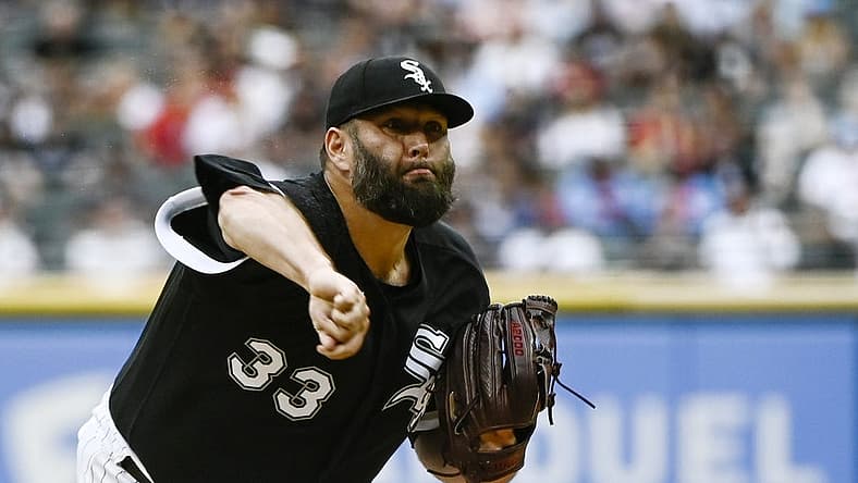 Jul 23, 2022; Chicago, Illinois, USA; Chicago White Sox starting pitcher Lance Lynn (33) delivers against the Cleveland Guardians during the first inning at Guaranteed Rate Field. Mandatory Credit: Matt Marton-USA TODAY Sports