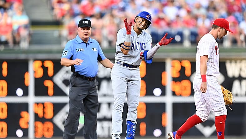 Jul 23, 2022; Philadelphia, Pennsylvania, USA; Chicago Cubs second baseman Christopher Morel (5) reacts after hitting a double against the Philadelphia Phillies in the sixth inning at Citizens Bank Park. Mandatory Credit: Kyle Ross-USA TODAY Sports