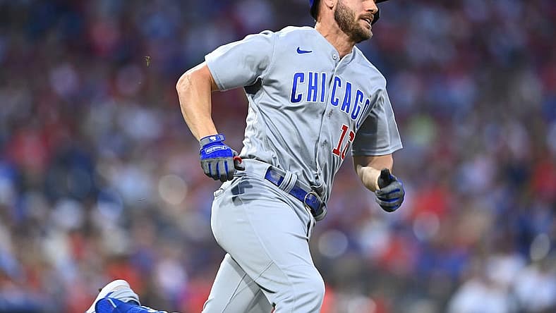 Jul 23, 2022; Philadelphia, Pennsylvania, USA; Chicago Cubs third baseman Patrick Wisdom (16) rounds first base after hitting a double against the Philadelphia Phillies in the eighth inning at Citizens Bank Park. Mandatory Credit: Kyle Ross-USA TODAY Sports