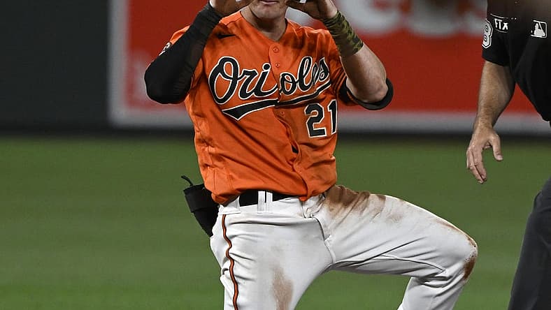Jul 23, 2022; Baltimore, Maryland, USA; Baltimore Orioles left fielder Austin Hays (21) reacts after hitting a double against the New York Yankees during the sixth inning at Oriole Park at Camden Yards. Mandatory Credit: James A. Pittman-USA TODAY Sports