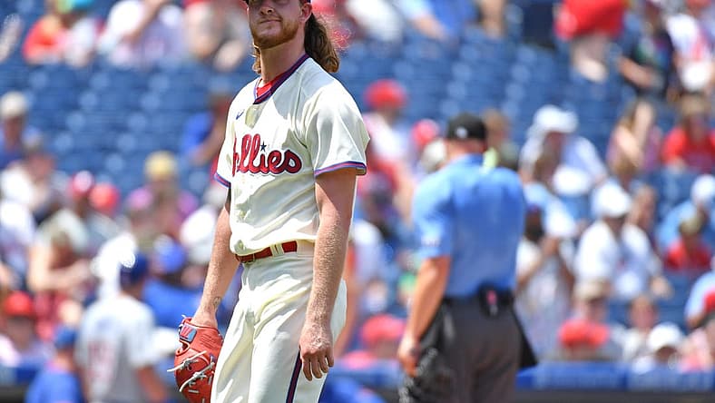 Jul 24, 2022; Philadelphia, Pennsylvania, USA; Philadelphia Phillies relief pitcher Baily Falter (70) reacts as he walks off the field against the Chicago Cubs during the third inning at Citizens Bank Park. Mandatory Credit: Eric Hartline-USA TODAY Sports